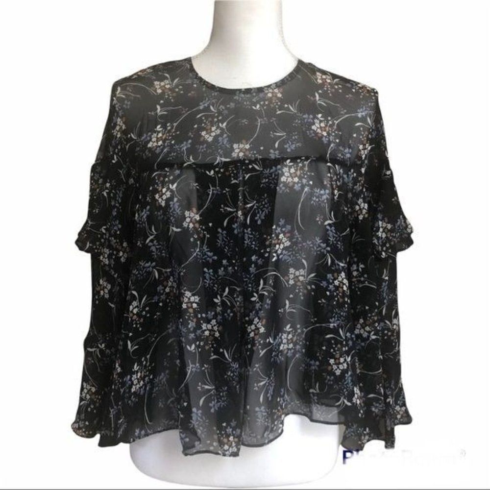 Zara The Daisy Blouse Sheer floral blouse w/ frilled sleeves Large